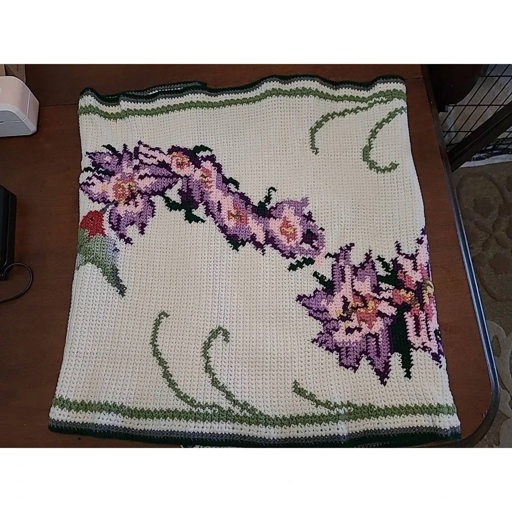 Hand Knit Flowers And Hummingbirds Couch/Table Runnner 28 X 58 Purple Pink Green